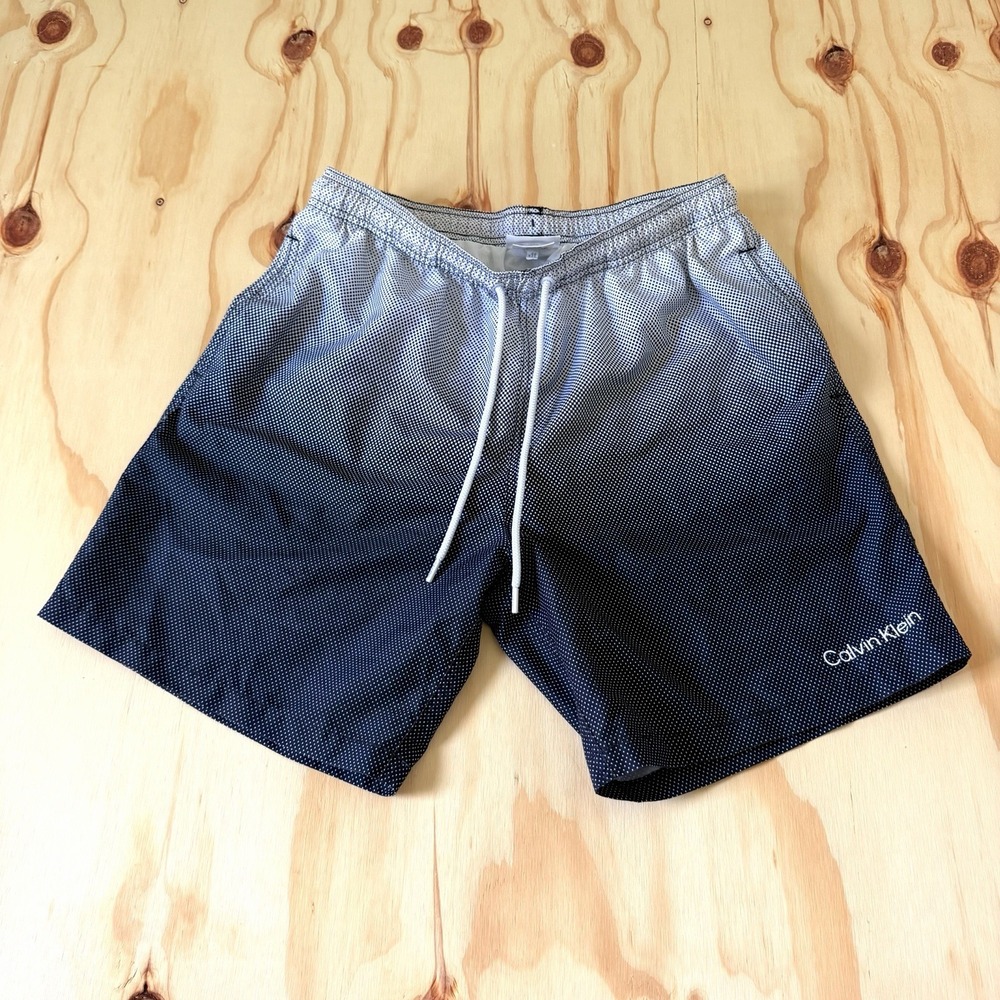 Calvin Klein Mens L White Black Gradient Swim Trunks Shorts Drawstring Pockets
